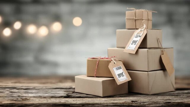 Stack of wrapped gift boxes with labels on rustic wooden surface