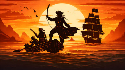 Silhouette of Pirates Sailing Toward the Horizon at Sunset © Darshiny