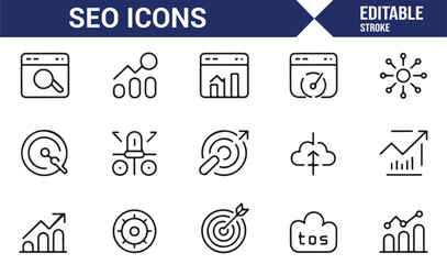 Website analytics and SEO ranking line icons collection