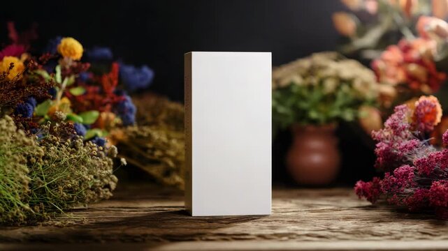 Blank white box on rustic wooden table surrounded by colorful flowers.