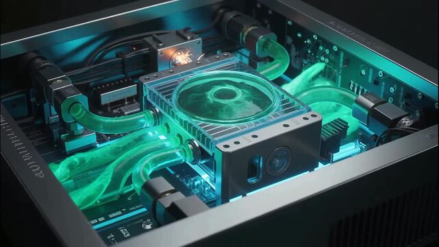 Intricate Custom Computer Build Showcasing Liquid Cooling System and Neon Green Illumination