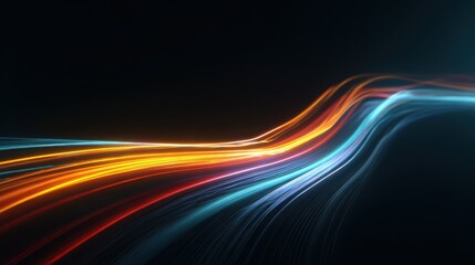 Colorful light trails flowing through dark space create an abstract design that shows movement and energy in digital art style