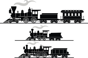 Vintage steam locomotive silhouette set, classic railway train illustration, retro transportation design, industrial era steam engine, black train vector artwork isolated © Shammi's World