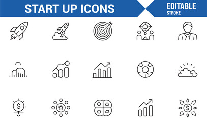 Startup outline icons set for business launch and growth
