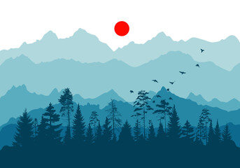Panorama of mountain trees and red sun. Hand drawn. Not AI, vector illustration.