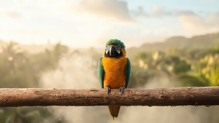 Brightly colored parrot rests on a wooden branch with lush green foliage and misty mountains in the background.