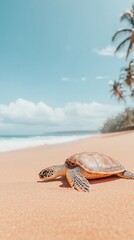 Sea turtle emerges from ocean waves onto a sandy tropical beach with palm trees under a clear blue sky.