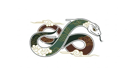 Decorative snake illustration with floral patterns and green scales.