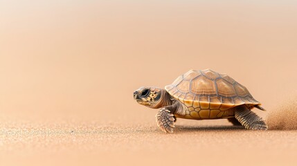 Small tortoise moves across sandy terrain, kicking up dust. Ecological scene shows desert life and survival.