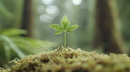 Single green leaf seedling emerges from mossy ground in a misty forest environment.