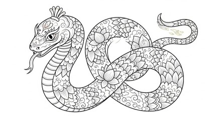 Black and white illustration of a snake with intricate scales and a crown-like headpiece.