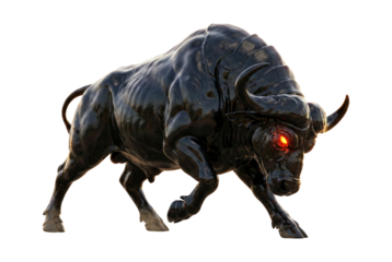 Black magic buffalo or Kwai Thnu with glowing red eyes. Demonic bull spirit.