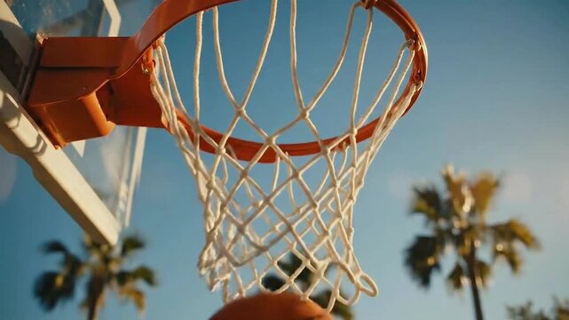 An orange basketball enters the hoop and net against a blue sky on an outdoor court, capturing a scoring shot on the backboard during a competitive game