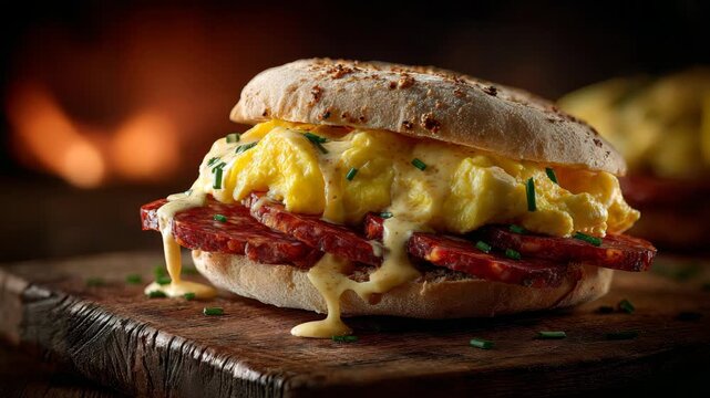 Delicious egg and sausage breakfast sandwich with melted cheese and chives