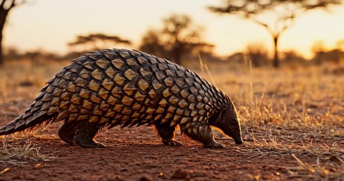 A pangolin foraging on a dusty trail at sunset, surrounded by an African savanna landscape