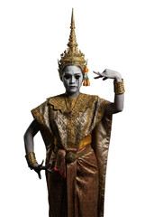 Fototapeta premium Terrifying Thai ghost dancer with cracked skin and black tears. Spooky performance spirit.