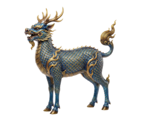 Blue and gold Thai Kirin or Gilen mythical creature statue isolated. Oriental dragon horse.