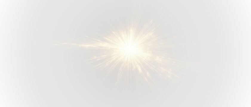 Golden Starburst PNG image with a transparent background, sun, sunbeams, transitions, lens flares, light leaks, and flare. Isolated gold transparent light effect.