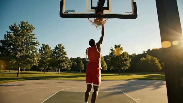 An orange basketball enters the hoop and net against a blue sky on an outdoor court, capturing a scoring shot on the backboard during a competitive game