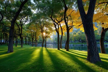 Fototapeta premium a large park with trees and grass, sunlight shining through the leaves onto the green lawn, casting long shadows across it.