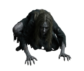 Creepy crawling ghost woman in rags isolated. Scary horror spirit.