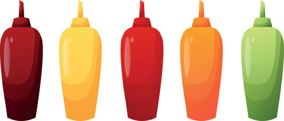 set of sauce containers, beautiful bottles of ketchup, mustard and other sauces for cooking