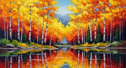 Brilliant Autumnal Reflections: Oil Painting of Forest Trees by a Peaceful Lake