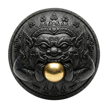 Phra Rahu eating moon amulet isolated. Thai demon deity talisman.
