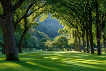 Fototapeta premium a large park with trees and grass, sunlight shining through the leaves onto the green lawn, casting long shadows across it.