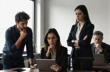 Business team analyzing data on tablet in office