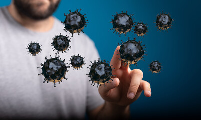 Concept of coronavirus or other illness, man's hand touching a floating virus with digital effect. Prevention