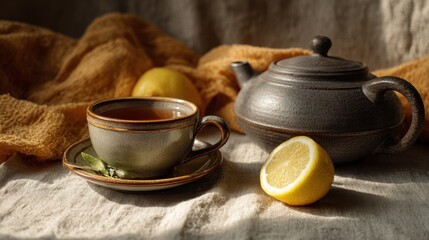 Fototapeta premium teapot and cup of herbal tea with lemon