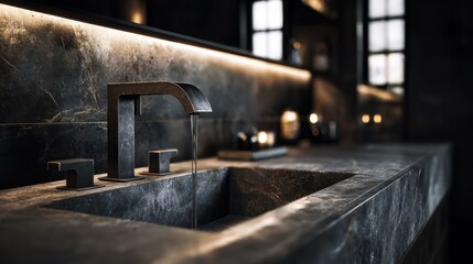 Elegant sink with flowing water in a dark room with soft lighting