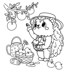 Vector illustration children's coloring book about professions. Linear hedgehog farmer