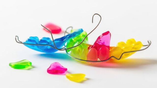 Broken colorful orthodontic retainer lying on white background