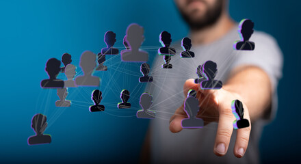 Abstract conceptual image depicting digital network, teamwork and connection, with human hand touching a hologr