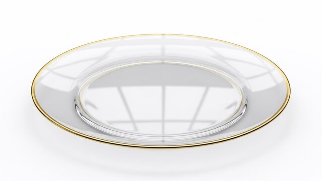 Luxurious white plate with gold trim on a clean white background