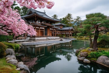 Fototapeta premium temple in kyoto, japan is surrounded by cherry blossoms and green grass