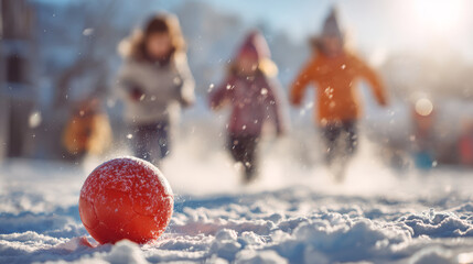 Red ball on snow with children running in winter park on sunny day creating joyful atmosphere