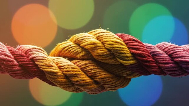 Colorful braided rope knot with bokeh lights background.