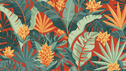 Vibrant Tropical Botanical Garden Vector Illustration with Lush Foliage and Exotic Flowers in a Seamless Pattern © PDWN Creative