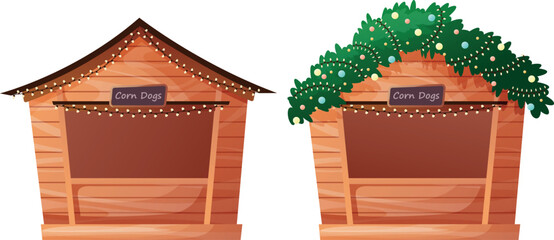 Wooden street food stall, eco-friendly natural small kiosk for selling drinks and food, festival atmosphere, ready-made food to go