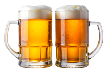 Two frosty mugs of golden beer with thick white foam head, ready for a refreshing drink
