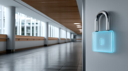 Digital padlock icon glowing on wall in modern hallway, symbolizing security, technology, and data protection in futuristic environment