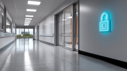Digital padlock icon glowing on hospital hallway wall, symbolizing secure access, modern technology, safety, and privacy in healthcare