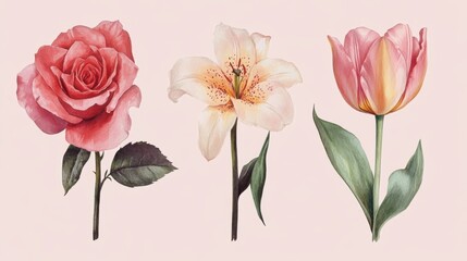 Obraz premium Watercolor floral arrangement showcases a rose, lily, and tulip in soft pastel hues