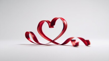 Red ribbon shaped like a heart on a plain background with soft lighting during a craft session