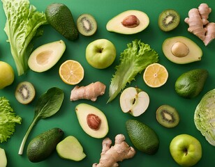 Pattern made by avocado, green apples, lemon, lettuce, kiwi and ginger on green background 