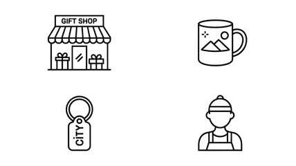 Line art depicting a gift shop mug keychain and person with a hat