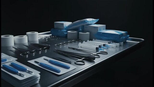 Medical Instruments and Supplies on a Steel Tray, Surgical Tools Ready for Use, Still Life
